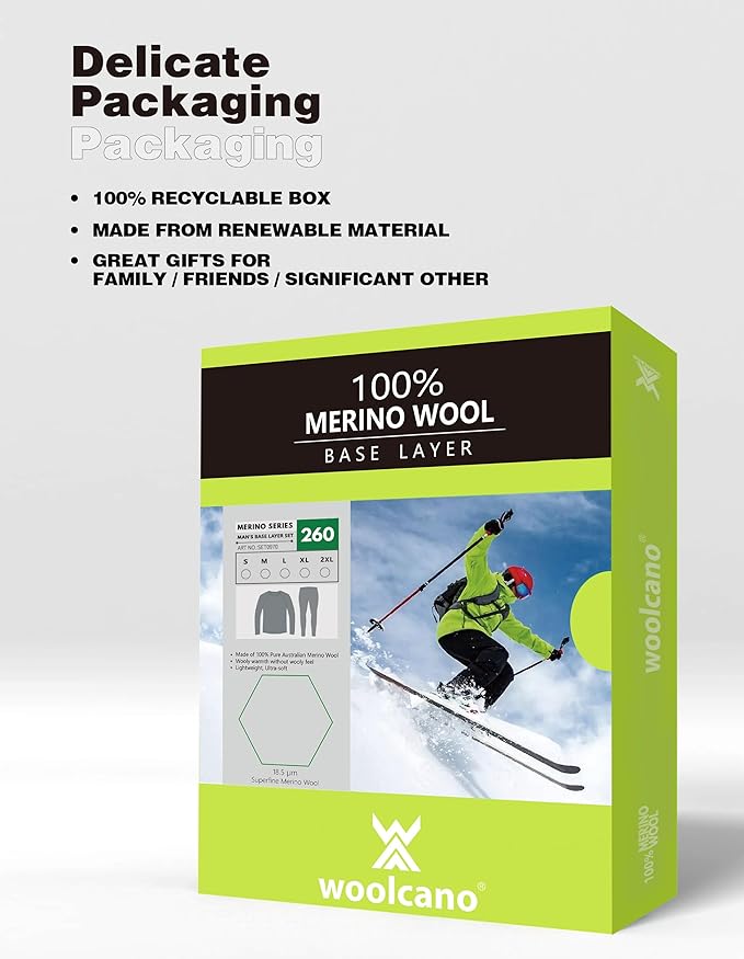 Men's 100% Merino Wool Base Layer Sets Lightweight Active Base Layer for Ski