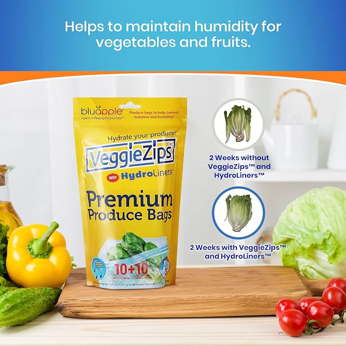 Bluapple VeggieZips Premium Produce Storage System - 20 Piece Set, 10 Food Saver Bags + 10 HydroLiners, Keep Produce Fresh Longer, Washable & Reusable Bags with Humidity Control for Fruit & Vegetables