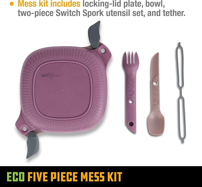 UCO Recycled ECO 5-Piece Camping Mess Kit with Bowl, Plate, Switch Spork Utensil Set
