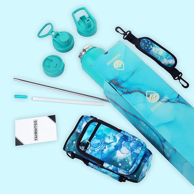 40 Oz Water Bottle with Strap Stainless Steel Sports Water Bottle with 3 Lids (Straw, Chug and Flip Lid) Insulated Leak Proof Metal Jug for Men & Women - Teal