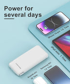 2-Pack 10000mAh Phone Portable Charger Power Bank, Built in Cable and AC Wall Plug, Fast Slim USB C Charging Battery Pack Travel Essentials Compatible with iPhone, Android, White & Purple