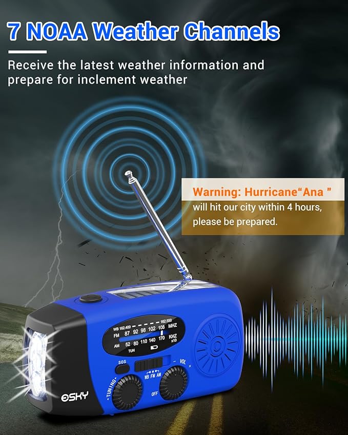 Esky Emergency Hand Crank Radio with 3 LED Flashlight, AM/FM/NOAA Portable Weather Radio with 2000mAh Power Bank Phone Charger, Solar Powered USB Rechargeable Radio for Indoor Outdoor Camping, Blue