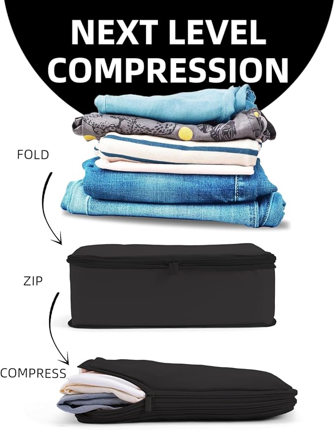 6 Set Compression Packing Cubes for Travel, Large Medium Small Luggage Organizers (Jet Black)