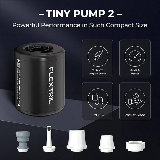 FLEXTAILGEAR Portable Air Pump - Tiny Pump 2, Electric Air Pump for Inflatables 2.8oz Battery Inflator Rechargeable Air Mattress Pump for Sleeping Pads, Pool Floats, Swimming Rings Black