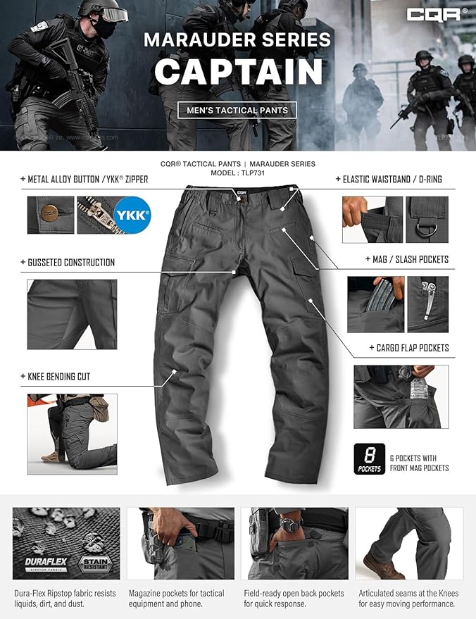 CQR Men's Flex Ripstop Tactical Pants, Water Resistant Stretch Cargo Pants, Lightweight EDC Hiking Work Pants