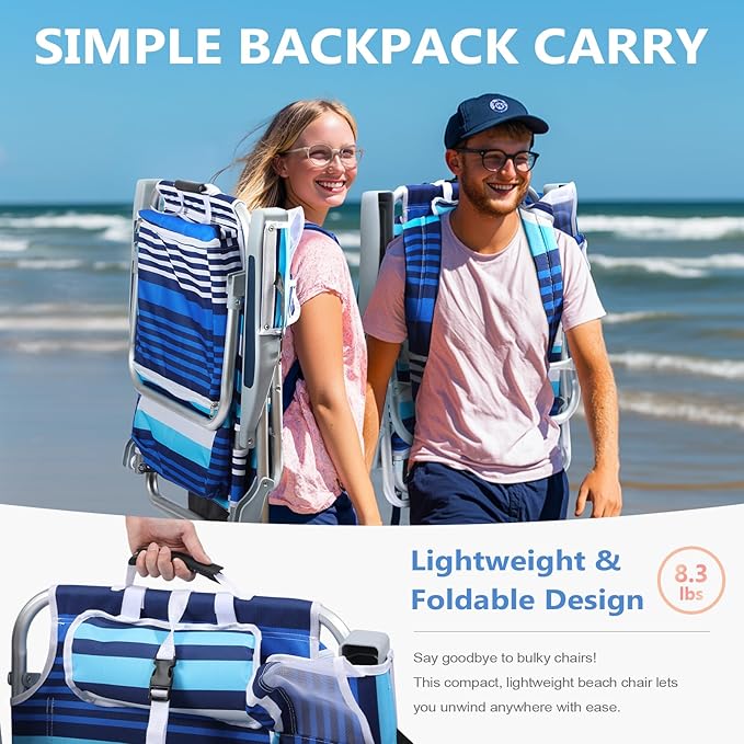 5-Position Aluminum Lay Flat Backpack Beach Chair, Compact Portable Low Beach Chairs for Adults with Cooler Pouch, Storage Pouch, Towel Bar, Cup Holder & Phone Holder, Blue Stripe