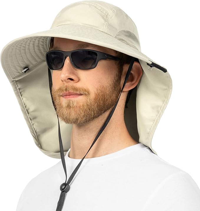 SUN CUBE Wide Brim Sun Hat with Neck Flap, UPF50+ Hiking Safari Fishing Hat for Men Women, Sun Protection Beach Hat