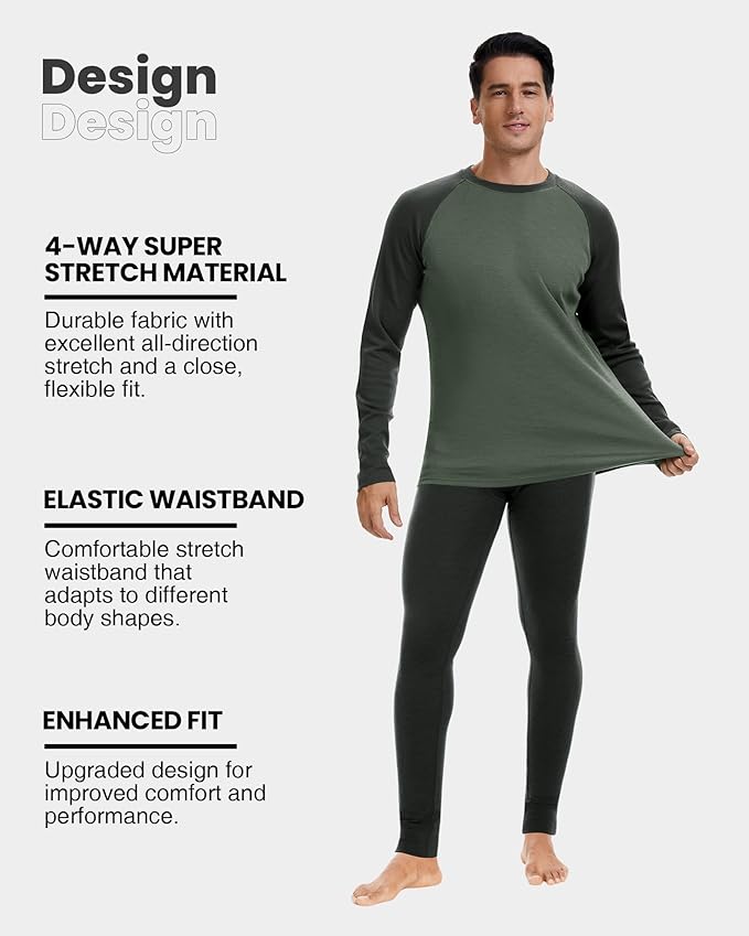 Men's 100% Merino Wool Base Layer Sets Lightweight Active Base Layer for Ski
