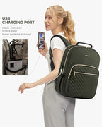 LOVEVOOK Laptop Backpack Purse for Women, Work Business Travel Computer Bags, College Nurse Backpack for Womens, Quilted Casual Daypack with USB Port, Fit 15.6 Inch Laptop, Army Green