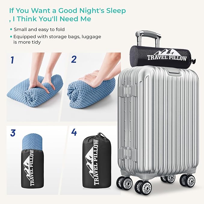 Travel Pillow Memory Foam Pillows, Camping Pillow-Compressible Medium Firm, Breathable Cover, Ideal Backpacking Hiking, Bed Pillows, Airplane and Car (Blue, L)