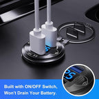 12V Flush Mount Car Charger, Aluminum Metal Body with LED Voltmeter and Switch, Dual QC3.0 USB Port for Marine, RV, Motorcycle & Panel Mounting (Black)