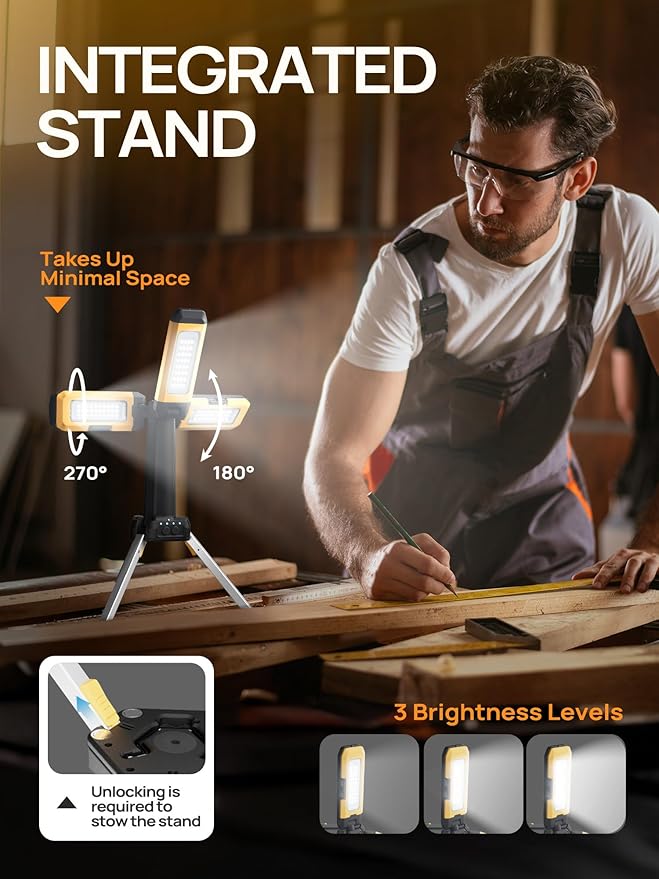 10000mAh Rechargeable Camping Light with Stand 5.6 ft Max Height, Individual Lamp Bracket, with 2 Detachable Lamp Panels, Cordless Led Work Light, Camping Garage Workshop Car Repair
