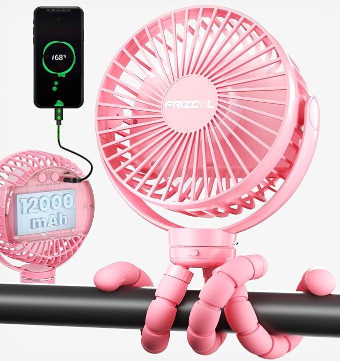 FRIZCOL 12000mAh Portable Stroller Fan, Use As Power Bank, 65H Battery Operated Fan Flexible Tripod Clip On Fans, Detachable Personal Handheld Baby Fans for Stroller, Car seat, Desk, Treadmill（Pink）