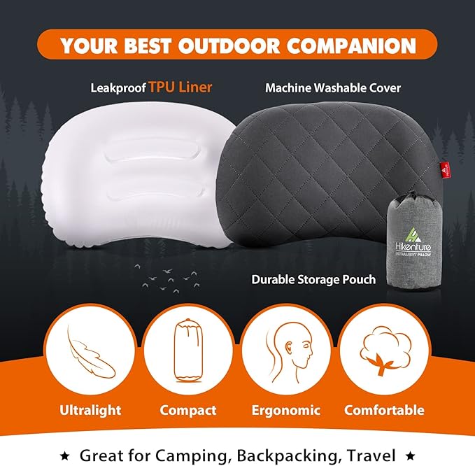 Hikenture Camping Pillow with Removable Cover, Ultralight Inflatable Backpacking Pillow for Sleeping, Blow Up Pillows, Portable&Compact Hiking Pillow for Beach, Travel, Outdoor(Grey)