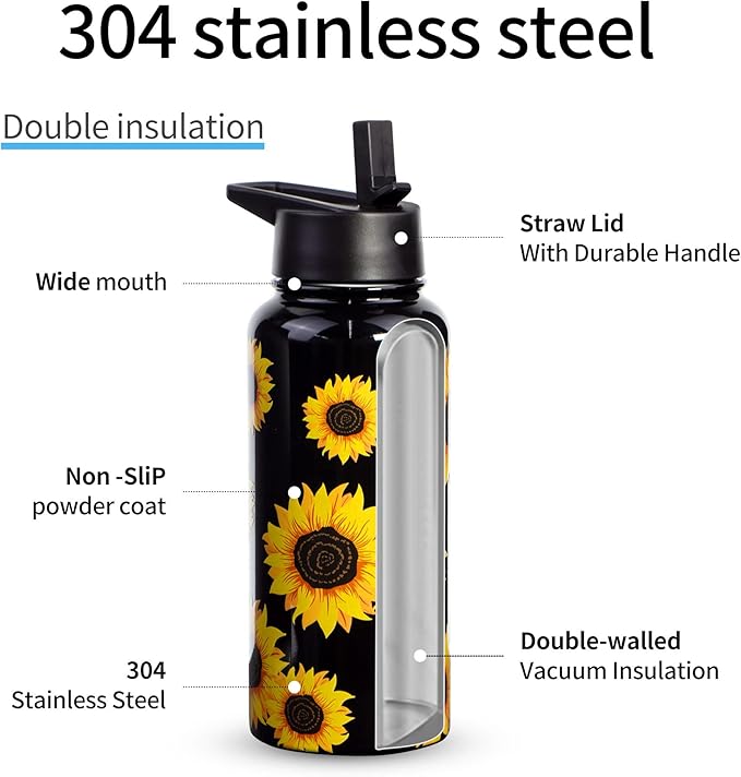32oz Sunflower Vacuum Insulated Stainless Steel Water Bottles with Straw & Spout Lids, Double Wall Sport Bottle, Sweat-Proof BPA Free, Canteen Metal Thermo Mug Hydro Cup Jug, Sunlfower Gift