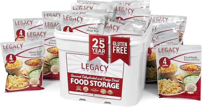 Legacy Food Storage Gluten Free 120 Serving Bucket, Emergency Food Supply, 46,200 Total Calories, 120 Large Servings, Shelf Stable Lunch & Dinner Entrees, Freeze Dried Survival Meals for MRE Camping, Hiking, & Backpacking