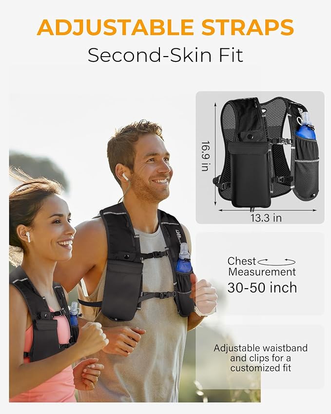 Running Vest for Women Men, Lightweight Hydration Runner Vest with Transparent Waterproof Phone Pocket, 17oz Soft Flask, Adjustable Chest Straps Reflective Backpack for Hiking Cycling Jogging