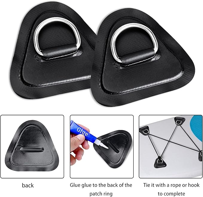 TOBWOLF 6 Pack 3.54" / 9cm Stainless Steel D-Ring Patch for Inflatable Boat Kayak Dinghy SUP, Triangular D-Ring PVC Patch Stand-Up Paddleboard Canoe Rafting Accessories, NO Glue Included
