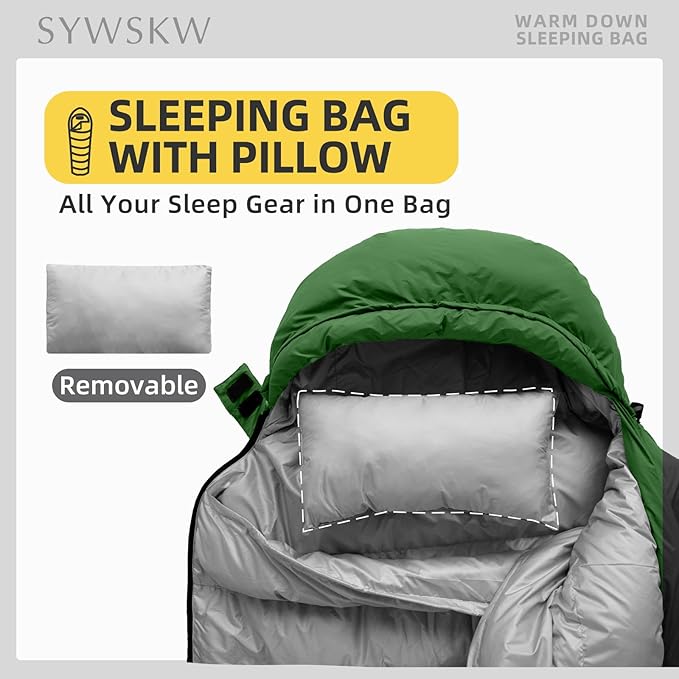 Down Sleeping Bag with Pillow, Ultralight Rectangular Sleeping Bag for Adults, Youth Backpacking,Hiking and Camping Outdoor with YKK Two-Way Zipper 680 FP Down