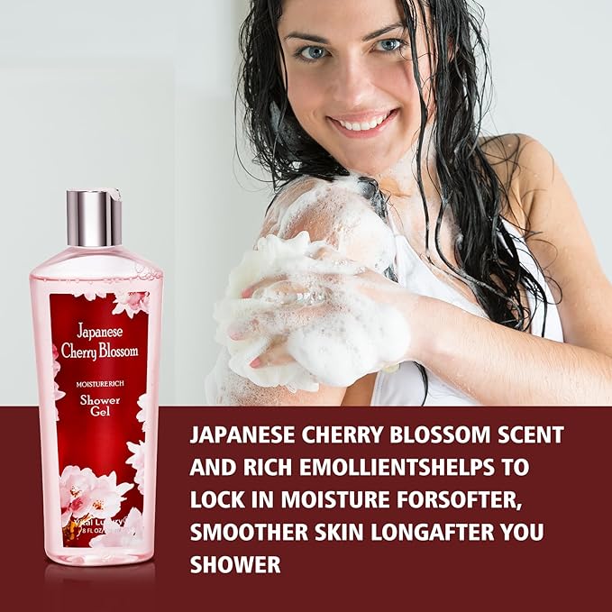 Japanese Cherry Blossom Bath and Body Set Shower Gel and Body Cream - Nourishing and Moisturizing Daily Skincare - 8 fl.oz / 236mL Each, Birthday Anniversary Wedding Gifts for Her and Him