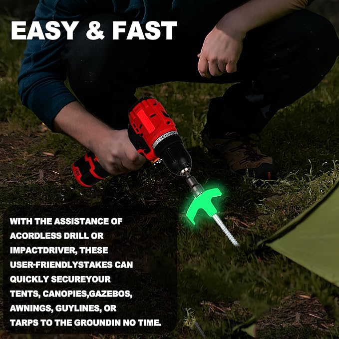 16 Pack Screw in Tent Stakes Heavy Duty,8 Inch Ground Anchors Screw in,Metal Stakes with Hex Head Driver,Camping Tent Accessories.(Luminous White)