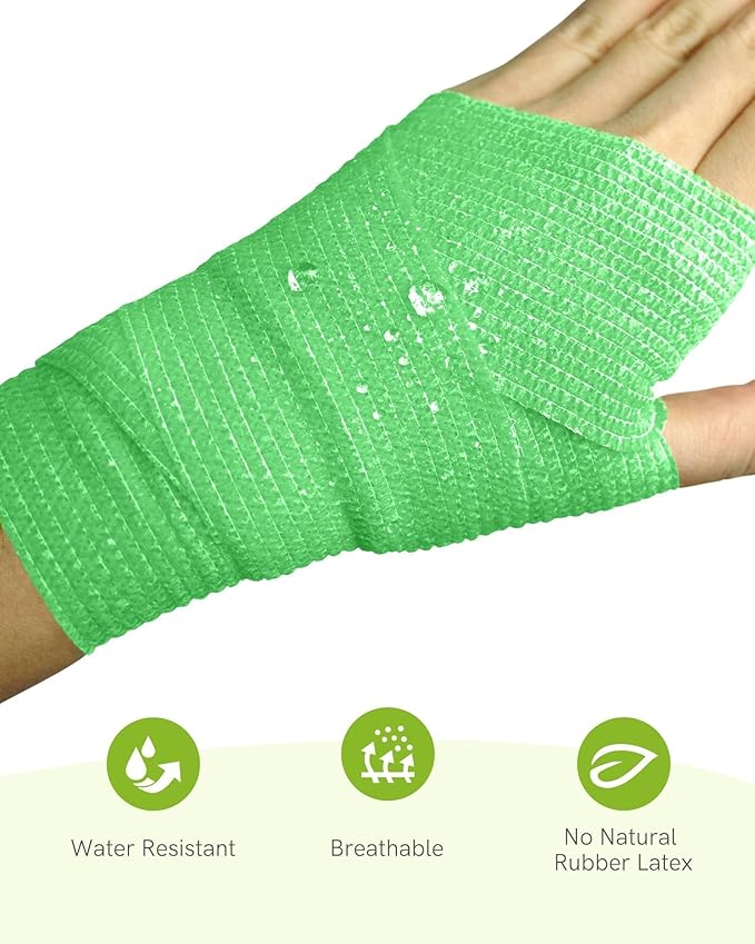 FriCARE Self Adhesive Bandage Wrap, Medical Tape in First Aid Kit, Cohesive Bandages for Wounds Sport Vet, FSA/HSA Eligible, 2 Inches X 5 Yards 6 Rolls, Fluorescent Green