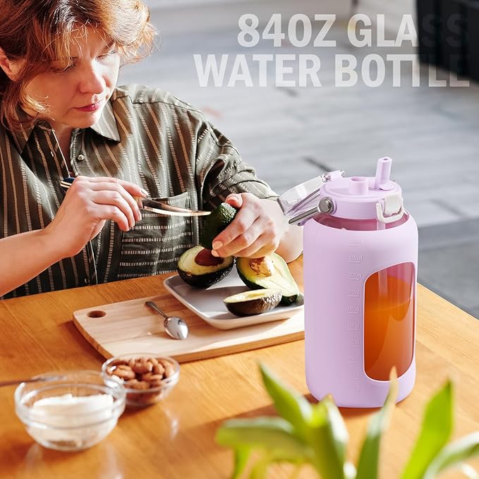 BLUEGO 84oz Water Bottle Glass with Stainless Steel Handle Large 2.5l Water Bottle with Time Markers and Silicone Sleeve Half Gallon Water Jug BPA Free for Gym Daily Use, Purple