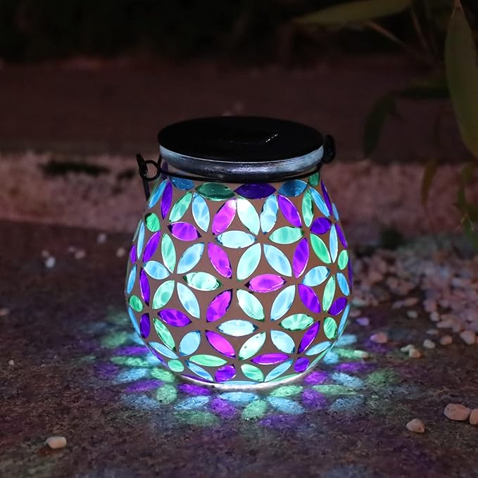 Afirst Mosaic Solar Lanterns Outdoor - Glass Hanging Solar Lights Hollow Out Waterproof Table Lamp Outdoor Decorative for Garden, Patio, Holiday Party Outdoor Decoration