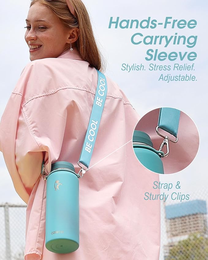 Coolflask Water Bottle 40 oz with Strap, Insulated Metal Water Flask with Straw & Spout Lids, Stainless Steel Double Wall Vacuum, Keep Cold 48h Hot 24h, Leak Proof & Non-BPA, Agate Green