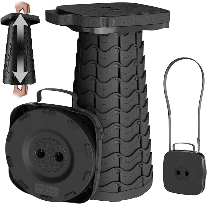 2025 Upgraded Portable Folding Stool, Collapsible Stool, Telescoping Camping Stool with Max Load Capacity 485lbs, Square Retractable Seat for Camping Gardening Fishing Hiking BBQ[Black]