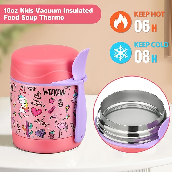 10oz Soup Thermo for Hot Food Kids Insulated Food Jar,Thermo Hot Food Lunch Container, Width Mouth Stainless Steel Lunch Box for Kids with Spoon (Pink-flamingo)