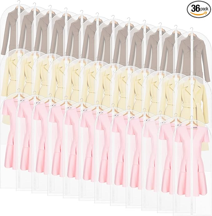 Weysat Set of 36, 24 x 60 Inch Hanging Garment Bag Clear Garment Covers Plastic Clothes Protectors for Hanging Clothes Storage Full Zipper Suit Bags PEVA Breathable Cover for Clothing Coat