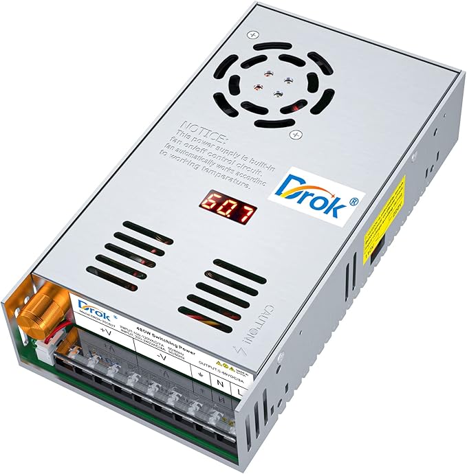 DROK 60V Power Supply, AC 110V 220V to DC 0-60V 8A 480W Buck Converter, Adjustable Variable LED Adapter Regulated 5V 12V 24V 30V 36V 48V 60Volt Transformer 3A 5A 8Amp Charger for Lab CCTV
