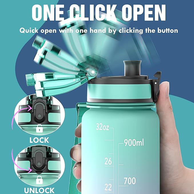 OLDLEY Water Bottle, 32oz Motivational Sports Water Bottle with Time Marker - Times to Drink - Tritan, BPA Free, Wide Mouth Leakproof, Moon Light (1 Bottle)