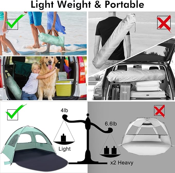 WhiteFang Beach Tent Anti-UV Portable Sun Shade Shelter for 3/4/6/8 Person, Extendable Floor with 3 Ventilating Mesh Windows Plus Carrying Bag, Stakes and Guy Lines