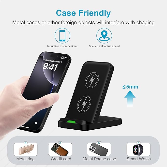 15W Samsung S25 Wireless Charger Fast Charging Stand for Galaxy S25 Ultra/S25 Plus/S24 Ultra/Z Flip7/Fold7, Android Wireless Charging Station with QC Adapter for Pixel 10 9 Pro XL/Fold/8 iPhone 17 16