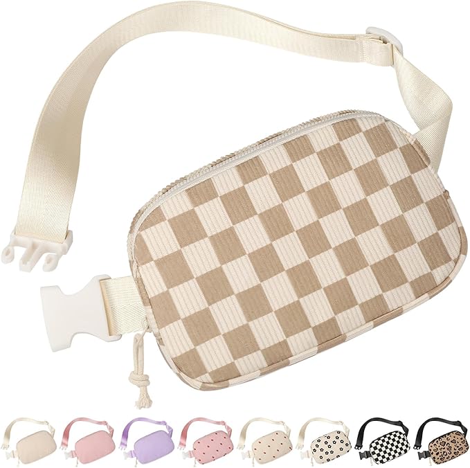 Vankor Large Corduroy Cute Fanny Packs for Women Men Cross Body, Everywhere Belt Bag for Women Men Crossbody Stylish Waist Pack Purse for Travel, Hiking, Workout, Running, Corduroy Checkered Khaki