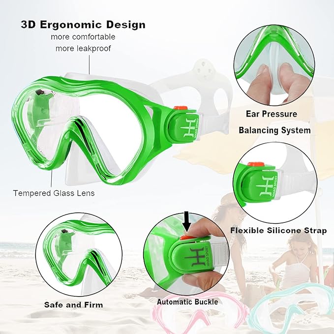 Kids Mask Fins Snorkel Set Snorkeling Packages, with Diving Mask, Snorkel, Adjustable Swim Fins, Mesh Bag, Anti-Fog Anti-Leak Snorkeling Gear for Kids for Snorkeling Swimming Diving