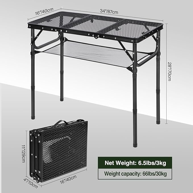 REDCAMP Small Triple fold Folding Grill Table for Outside, 3 Heights Adjustable Lightweight Portable Metal Aluminum Frame Outdoor Table for Camping Picnic Cooking BBQ, Black, 34x16 inches