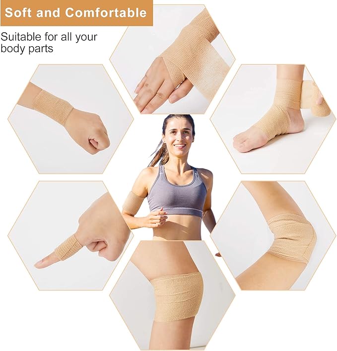 12 Bulk Pack Cohesive Tape, Self Adherent Wrap 2 Inches X 5 Yards - Self Adhesive Bandage Medical Vet Wrap for First Aid, Sports Protection and Wrist, Ankle Sprains & Swelling