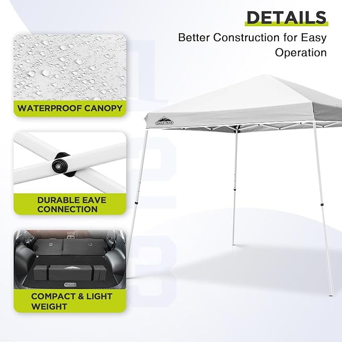 EAGLE PEAK 11x11 Slant Leg Pop-up Canopy Tent Easy One Person Setup Instant Outdoor Beach Canopy Folding Portable Sports Shelter 11' x 11' Base 9' x 9' Top (White)