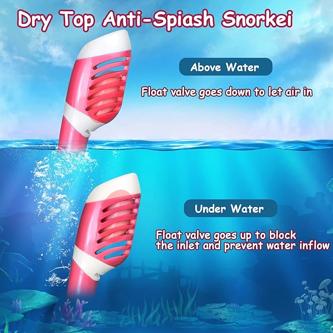 Vvinca Snorkeling Gear for Kids Dry Top Kids Snorkel Set for Boys Girls Junior Youth Children Age 4-14 Swim Goggles with Nose Cover Anti-Fog Panoramic View Adjustable Elastic Diving Mask and Snorkel