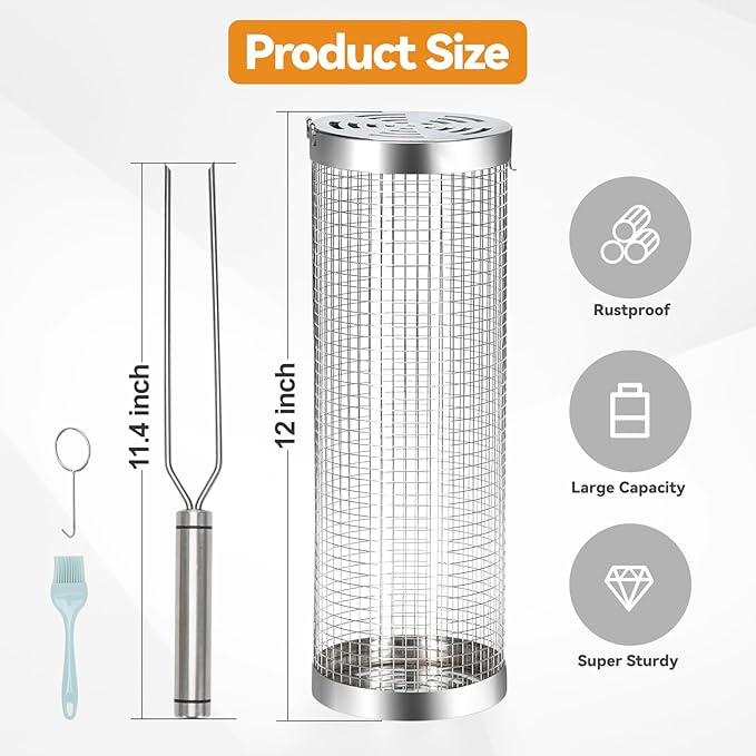 ZORMY 2pcs Rolling Grill Baskets,Grill Veggie Basket,BBQ Baskets for Grilling,Round Stainless Steel Grill Baskets for Outdoor Grill,Camping Basket for Vegetables, Birthday Gifts for Men