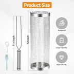 ZORMY 2pcs Rolling Grill Baskets,Grill Veggie Basket,BBQ Baskets for Grilling,Round Stainless Steel Grill Baskets for Outdoor Grill,Camping Basket for Vegetables, Birthday Gifts for Men