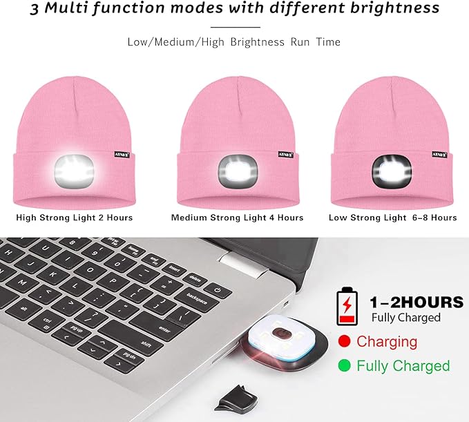 ATNKE LED Lighted Beanie Hat,USB Rechargeable 4 LED Running Headlamp Bright Cap with The Light Gifts for Men and Women