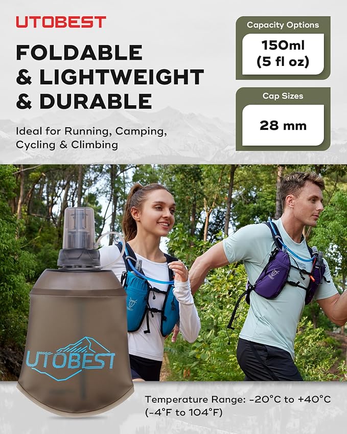 UTOBEST 150ml Soft Flask, 2 Pack Flexible TPU Hydration Water Bottle, Collapsible with 28mm Caliber for Running, Hiking, Cycling, Climbing, and Marathon Blue