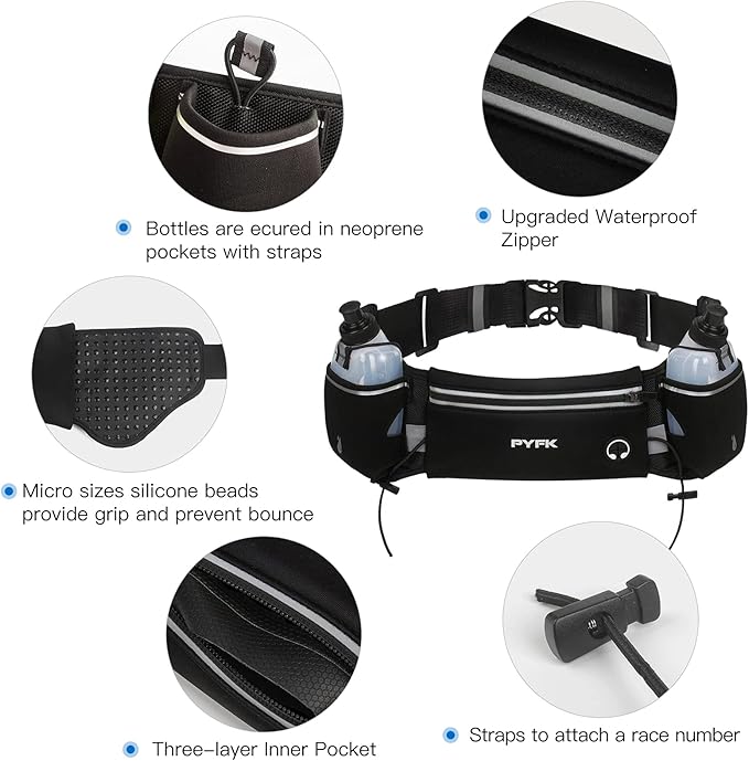PYFK Upgraded Running Belt with Water Bottles, Hydration Belt for Men and Women, Water Bottle Holder Running Pouch Belt, Fanny Pack Fits 7 inches Phones, Waist pack for Running Hiking Climbing