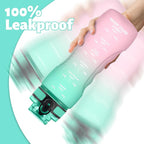 OLDLEY 25 oz Motivational Water Bottle, Sports Water Bottle with Strap, Leakproof BPA Free Large Water Bottles for School, Gym, Travel, Outdoor, Tritan, Green&Pink