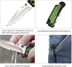 ALBATROSS Best 6-in-1 Survival Tactical Military Folding Pocket Knives with LED Light,Seatbelt Cutter,Glass Breaker,Magnesium Fire Starter,Bottle Opener;Multi-Function Emergency Tool(Green-SA)