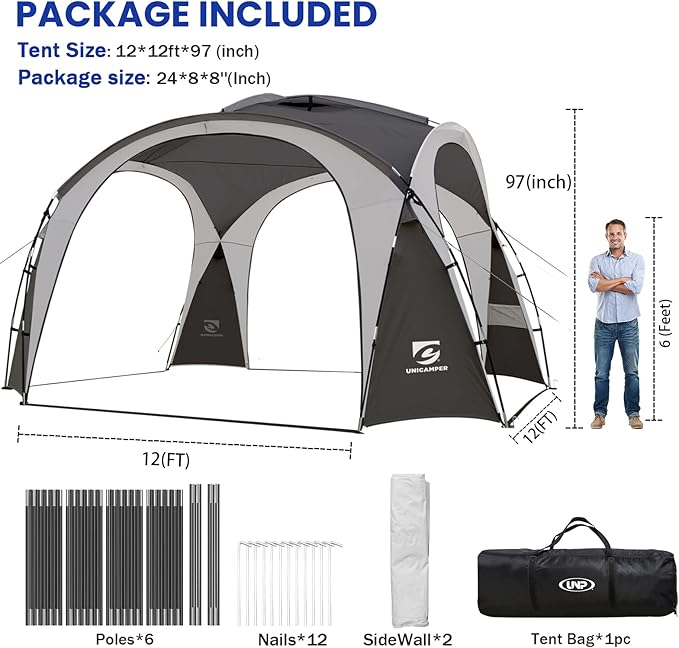 Beach Tent 12 X 12ft Large UPF50+ Pop Up Canopy with 2-Pcs Side Wall, Sun Shelter Rainproof, Waterproof for Camping Trips, Backyard Fun, Fishing, Parties, Or Picnics(Gary)